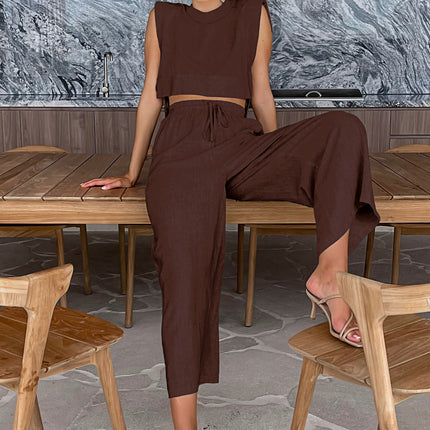 Fashion Cotton Linen suit Women's 2024 Summer New Shoulder Pad Sleeveless Top Trousers Two-piece Set of European and American Casual