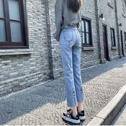 Spring 2025 New Rear Split Design Sense Niche All-match Jeans Women's Small Straight Pipe Pants JEANS