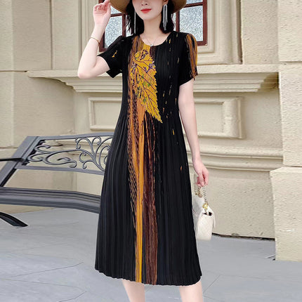 Miyake pleated 2025 summer new temperament round neck printed pleated skirt fashion waist thin magic dress