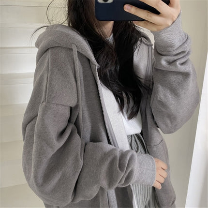 European and American Cross-border Foreign Trade Autumn and Winter Zipper Hoodie Women's Loose Cardigan Top Thickened fleece-lined Solid Color Jacket