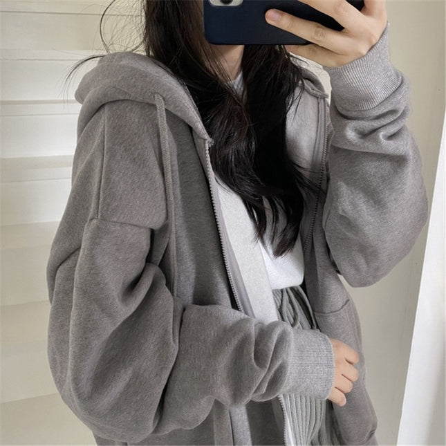 European and American Cross-border Foreign Trade Autumn and Winter Zipper Hoodie Women's Loose Cardigan Top Thickened fleece-lined Solid Color Jacket