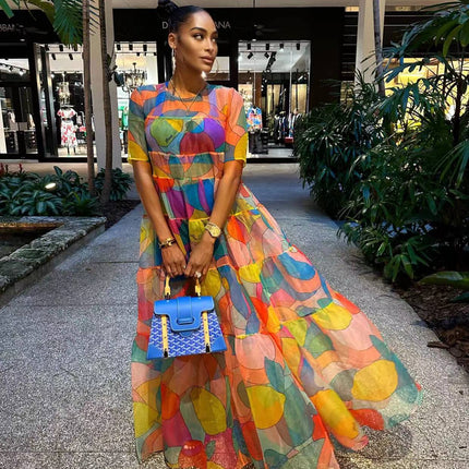 31272 cross-border supply of European and American women's new Amazon independent station wholesale hot mesh printing dress