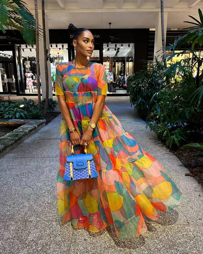 31272 cross-border supply of European and American women's new Amazon independent station wholesale hot mesh printing dress