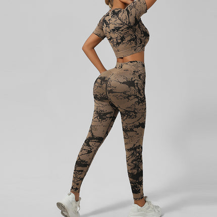 Cross-Border Seamless Tie-Dye Yoga Wear Beautiful Back Sports Bra High Waist Peach Butt Lift Fitness Tights Suit for Women