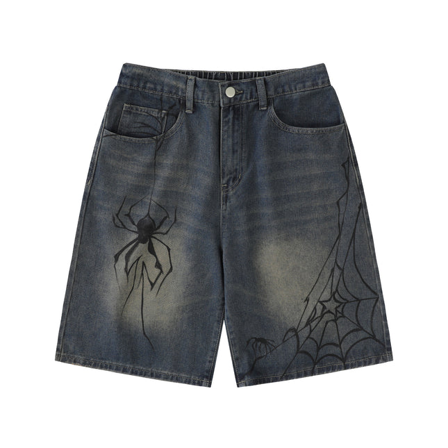 Cross-Border Popular Source | Hand-Painted Spider Denim Shorts Men's Summer Loose Retro Distressed Blue Straight-Leg Trousers