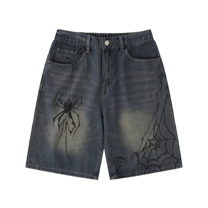 Cross-Border Popular Source | Hand-Painted Spider Denim Shorts Men's Summer Loose Retro Distressed Blue Straight-Leg Trousers