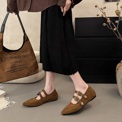 Retro Fashion Pointed Toe Brown Shoes for Women 2025 Autum New Versatile Rivet Flats Shallow Mouth Mary Jane Shoes