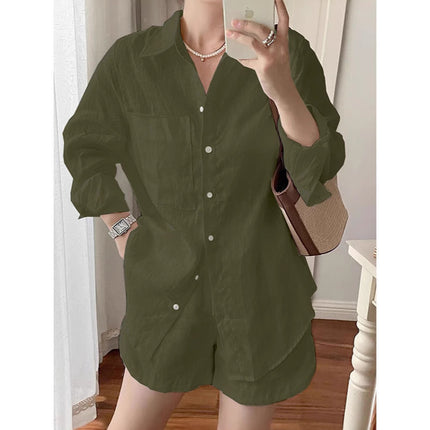 Single Piece/Complete Set Amazon Cross-Border New Set Cotton and Linen Shirt Shorts Casual Two-Piece Set Wholesale