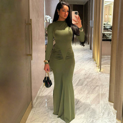 Independent Station Cross-Border Hot Sale Autumn Women's Solid Color Long-Sleeved Round Neck Pleated Simple Sexy Dinner Hip-Hugging Dress