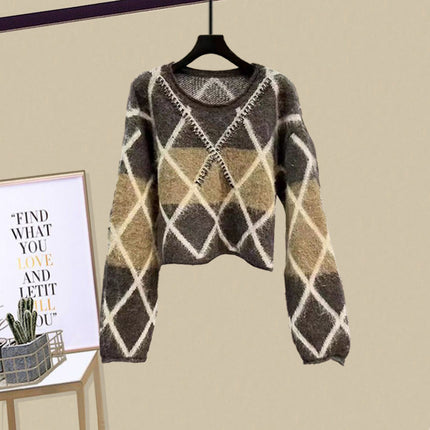 Light luxury women's clothing suit 2024 autumn and winter new design sense rhombus sweater light mature skirt two-piece set
