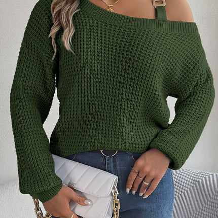 Real Shot of 2025 Autumn and Winter Casual Metal Buckle Splicing Off-Shoulder Lantern Sleeve Pullover Sweater Independent Station Cross-Border Women's Clothing