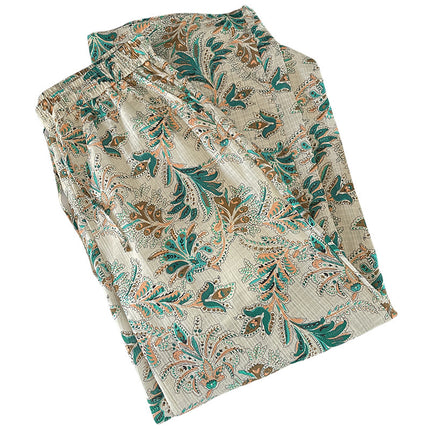 Real Shot Green Floral Wide Leg Pants Women's Summer 2025 New Seaside Vacation Cotton Linen Loose Lace-up Pants