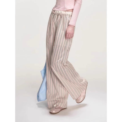 Fake Two Pink Irregular Stripe Loose Drawstring Straight Trousers Ballet Heavy Industry Pleated Fart Curtain