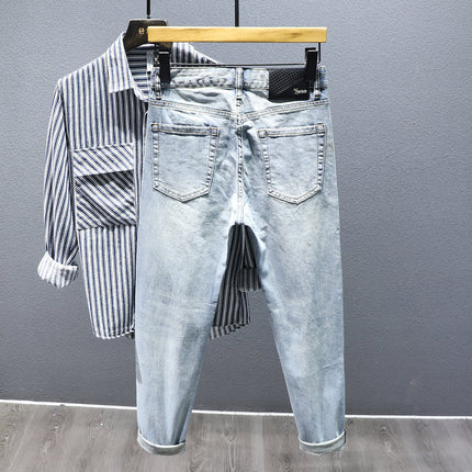 Autumn 2024 European Station Tiger Head Embroidered Jeans Men's Fashion Trend All-match Casual Slim-fit Small Foot Trousers