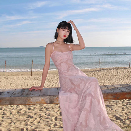 Niche foreign trade design French seaside holiday style white strap waist slimming mop fairy tube top dress