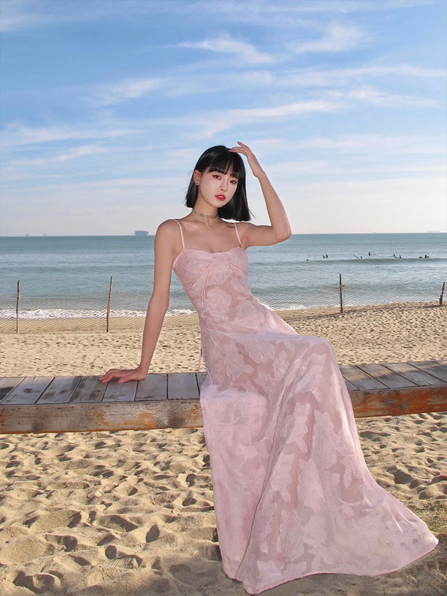 Niche foreign trade design French seaside holiday style white strap waist slimming mop fairy tube top dress