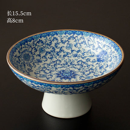 Chinese-style Blue and White Porcelain Fruit Plate Living Room Coffee Table Household Ceramic Refreshment Snack Plate High Foot Delicate Dried Fruit Snack Plate