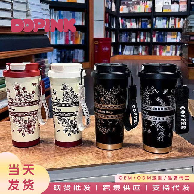 Coffee Thermos Cup 316 Stainless Steel Liner Simple and Fashionable Double Drinking Cup with Straw Water Cup Gift Logo Customization