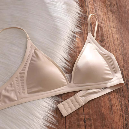French Triangle Cup Spaghetti Strap Underwear Women's Summer Thin Seamless Liquid Foundation Skin Color Invisible Small Breast Summer Bra