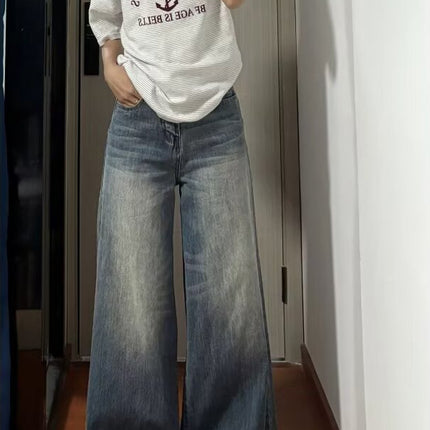 Vintage Washed Wide-Leg Jeans for Women 2025 Autumn New High-Waisted Loose Slimming Straight-Leg Floor-Length Pants