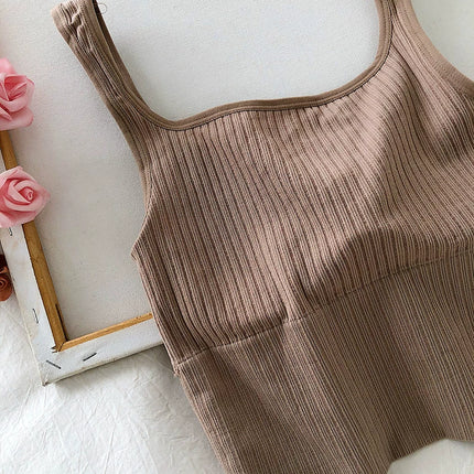 Summer Crop Top Women Seamless Square Collar Wide Straps Tank Top Knitted Striped Camisole Solid Corset Top Female