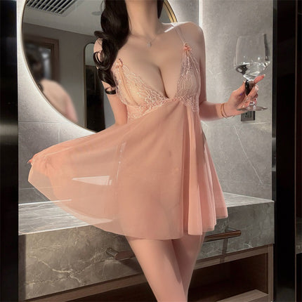 Pure Lust Style Suspender Nightgown, Transparent Lace Sexy Pajamas, Large Size Sexy Open-Bed Passionate No-Take-Off Pajamas for Women