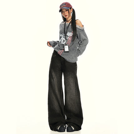 American Retro Wide-Leg Jeans for Women 2025 Early Autumn New Design Distressed Slimming Straight-Leg Floor-Length Pants