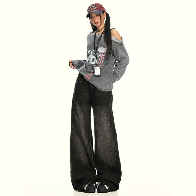 American Retro Wide-Leg Jeans for Women 2025 Early Autumn New Design Distressed Slimming Straight-Leg Floor-Length Pants