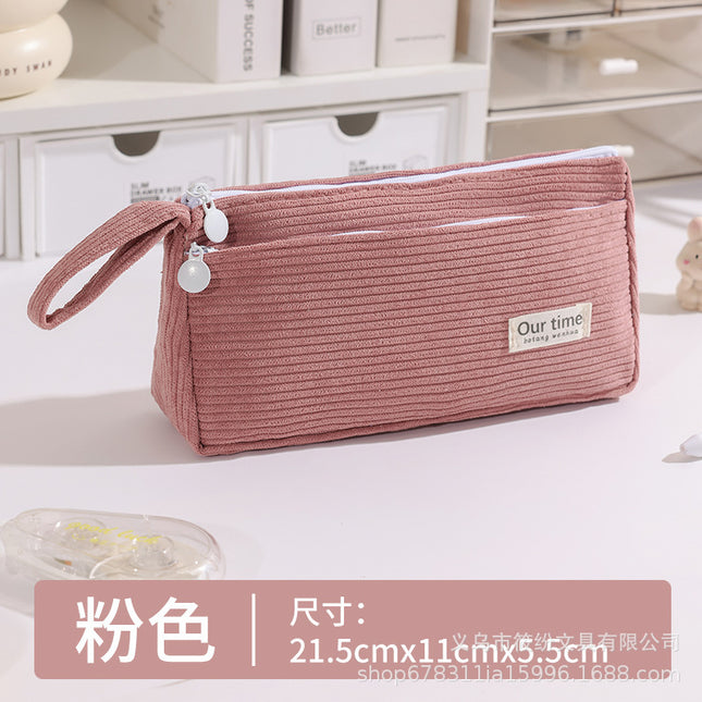 Cross-Border Popular Large-Capacity Simple Solid Color Pencil Case Ins Style Japanese Double-Layer Corduroy Pencil Case Portable Stationery