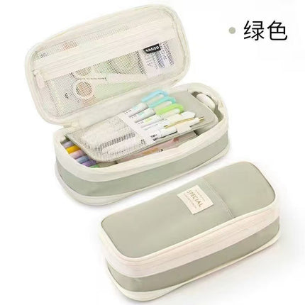 Cross-Border Color-Blocked Retractable Pencil Case, Large-Capacity Stationery Bag, Multifunctional Double-Zipper for Students, Simple and Convertible into Canvas
