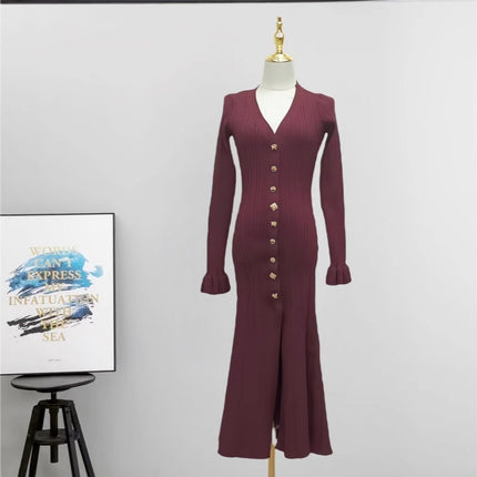 Cross-Border European and American Autumn and Winter New Style French Socialite Light Luxury Fine Glitter V-Neck Long-Sleeve Waist-Cinching Slimming Knit Dress