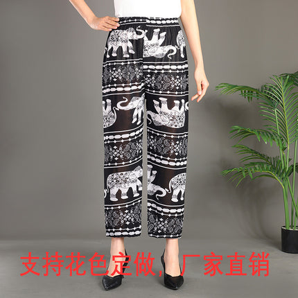 Foreign Trade Plus Size Middle-aged and Elderly Summer Thin Breathable Nine-point Flower Pants Mom Pants Ice Silk Loose Straight Pants
