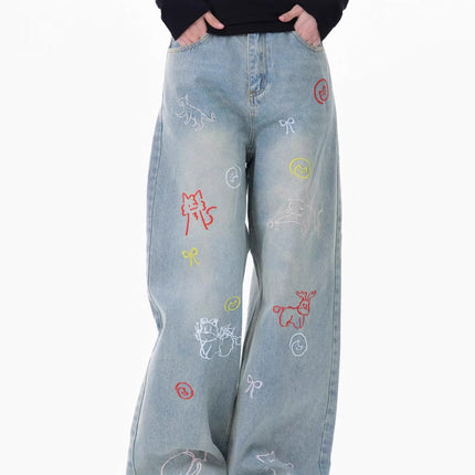 Embroidered Retro Wide-Leg Straight Fun Cartoon American Style 2025 New Jeans Pants Summer Loose Floor-Length Pants
