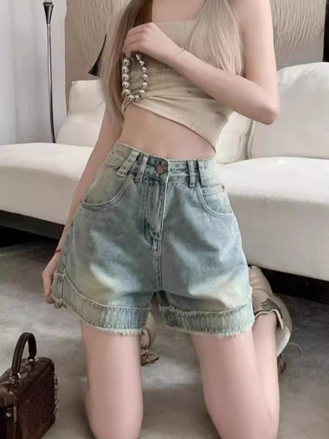 American Style High Street High Waist Fast Edge Denim Shorts 2024 Summer New Design Sense Loose Straight Wide Leg Hot Pants