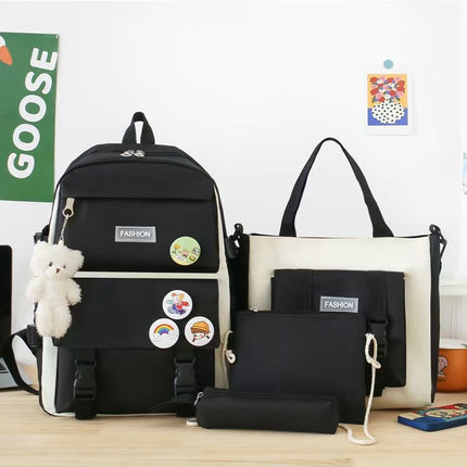 New School Bag Backpack Female Korean Version Canvas Large Capacity Five-Piece Set Middle School Student Backpack Student School Bag Female