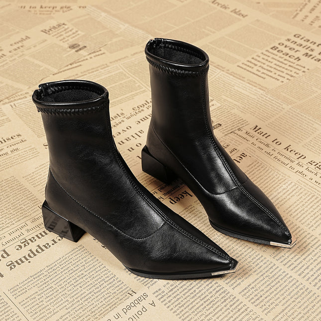 Pointed Toe Short Boots for Women with Back Zipper, Elegant Nude Boots, Thick Heels, 2025 Autumn and Winter New Style French Leather Boots, High Heels and Slim Boots