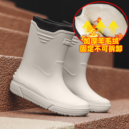 Men's Waterproof Rain Boots with Cuffs, Fishing Water Shoes, Fleece-Lined, Non-Slip Kitchen Work Rubber Shoes, Comfortable Soft-Soled Rain Boots
