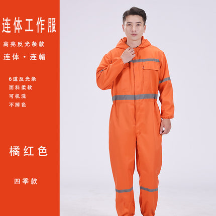 One-Piece Work Clothes for Men, Long-Sleeved, Reflective Strips, Hooded Labor Protection Clothing, Auto Repair Spray Painting, Ship Crew Uniforms, Dirt-Resistant, Wear-Resistant, Breathable