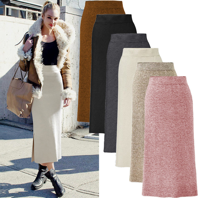 Wool Skirt Women's Autumn and Winter 100kg Knitted Hip Skirt Mid-Length High Waist Large Size Thickeneded Slit One Step Skirt