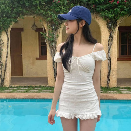 New One-Piece Swimsuit for Women, Off-Shoulder Straps, Puff Sleeves, Chest Straps, Cut Out Ruffles, Slim Vacation Swimsuit for Women
