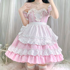 Pink [skirt + apron + bell neck + headwear] / S