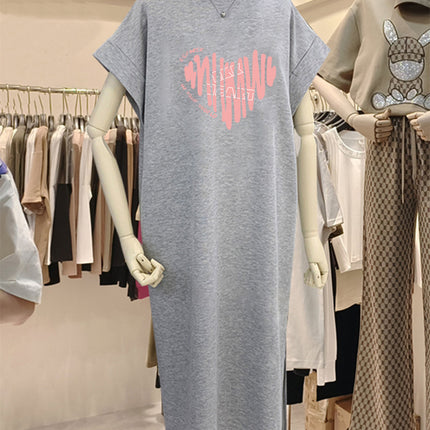 plus size Short-sleeved Cotton Mid-length Dress Women's 2025 Summer New All-match Loose Long Dress Flying Sleeve Split dress