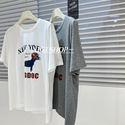 American Style Retro Printed Dog Letter Short-sleeved T-shirt Women's All-match Loose White Casual Korean Style Top Cartoon T-shirt for Summer