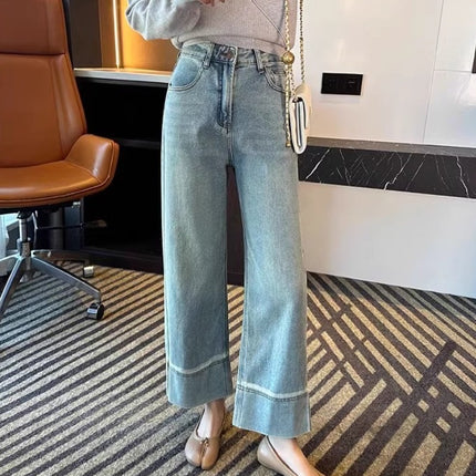 plus size Light Color Straight Jeans Women's Trendy All-match New Explosive High Waist Slimming Loose Cropped Wide Leg Pants