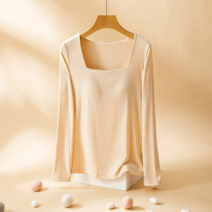 Women's Autumn and Winter Warm Tops with Built-In Bra Pads, Sexy Square Neck, Double-Sided Brushed Bra Integrated Base Layer Shirt