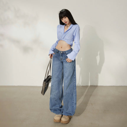 Retro Washed Wide-Leg Jeans for Women, Autumn New Low-Waist Straight Loose Design, Slimming Floor-Length Pants