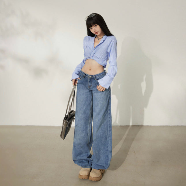 Retro Washed Wide-Leg Jeans for Women, Autumn New Low-Waist Straight Loose Design, Slimming Floor-Length Pants