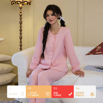 Factory high quality Autumn and Winter Air Cotton Pajamas Women's Warm Three-Layer Quilted Long-Sleeved Outwear suit