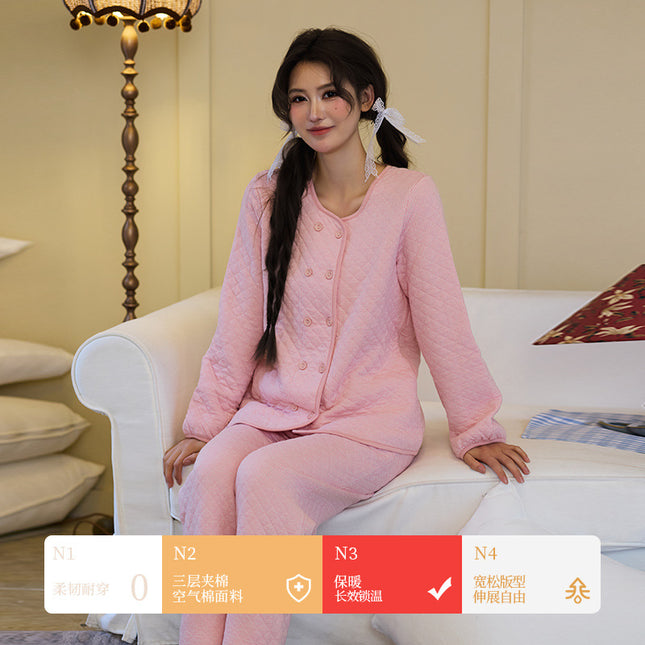 Factory high quality Autumn and Winter Air Cotton Pajamas Women's Warm Three-Layer Quilted Long-Sleeved Outwear suit