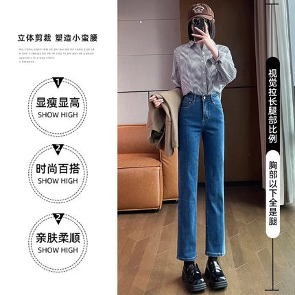 fleece-lined Thickened Narrow Cropped Straight Jeans Women's Trendy All-match High Waist Loose Slimming French Stick Pipe Pants
